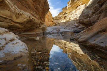 A Shallow Pool Reflecting a Canyon Wall