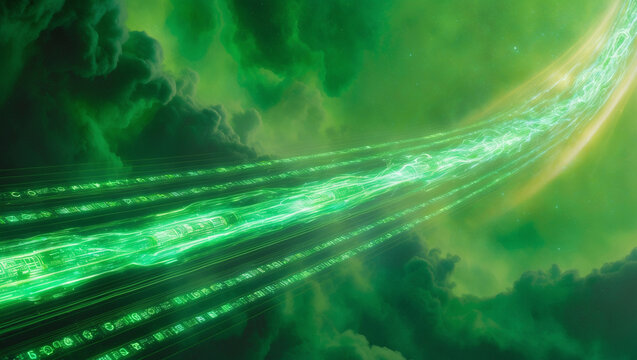 Green and red data flow interaction in cyberspace.