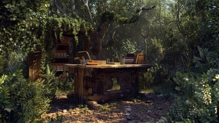outdoor office in the heart of a dense forest, with a sturdy wooden desk and natural elements integrated into the workspace