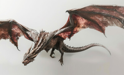 A dragon flying with wings spread is against a white background in a concept art style.