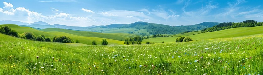Fototapeta premium Idyllic rolling green hills with wildflowers, panoramic countryside, pastoral serenity