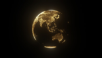 3D illustration of glowing golden globe of the Earth planet from particulars