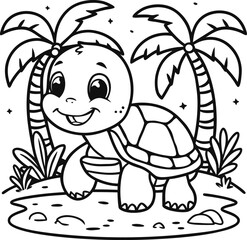 Cute turtle coloring pages for kids. Сute turtle in the sea among sea plants and air bubbles, Black lines sketch on a white background.