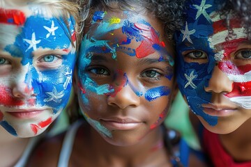 Obraz premium three children with paint on their face in american flag colors, in the style of vibrant colorism, american independance day, Generative Ai 