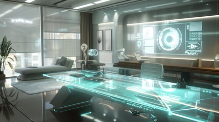 sleek and futuristic office space with a glass desk, minimalist decor, and a holographic computer interface