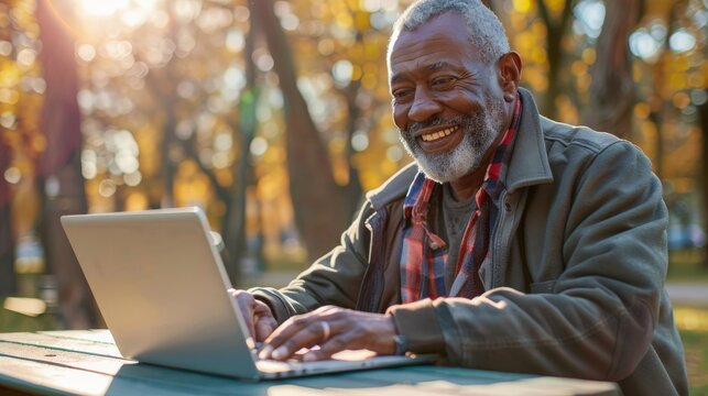 An older man enjoys working on his laptop in a park, with sunlight filtering through the trees, exemplifying the blend of technology and nature in a peaceful outdoor setting.