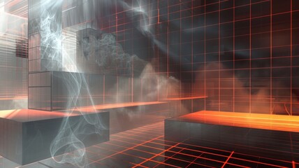 Abstract background wallpaper. Red hot geometric shapes in shades of gray and red, illuminated from the light on the right side. The design is made up of large rectangular blocks