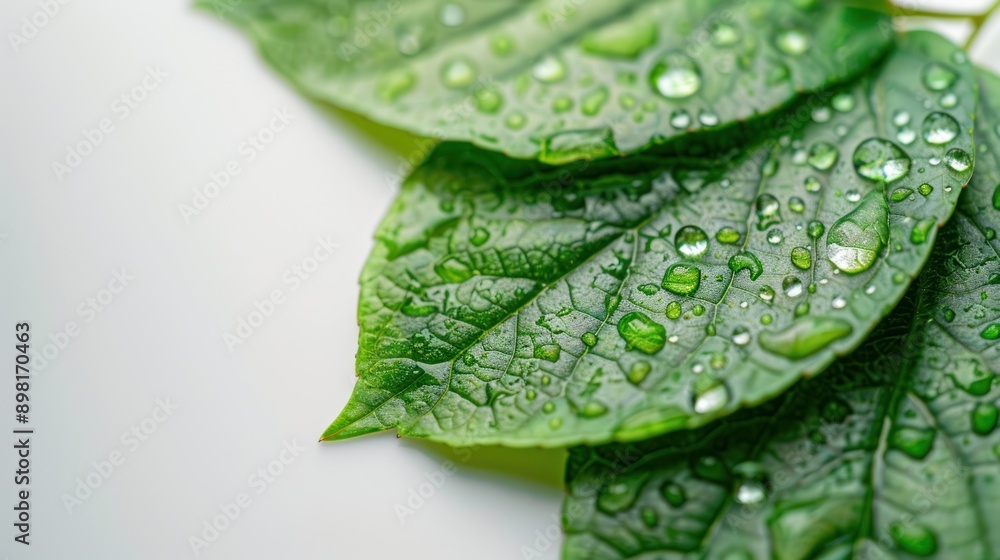 Wall mural close-up shot of water drops on leaves with white background.