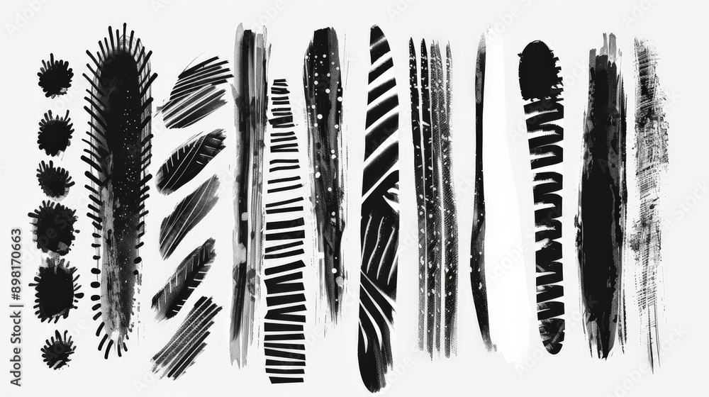 Aufkleber An artistic display featuring a variety of black brush strokes and splatters on a white background. The image emphasizes diversity in texture and pattern through abstract art.