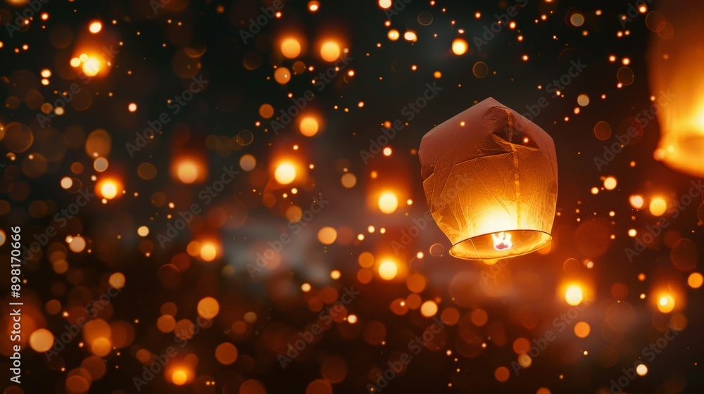 Poster a beautifully captured single illuminated paper lantern floating against a night sky backdrop filled