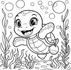 Cute turtle coloring pages for kids. Сute turtle in the sea among sea plants and air bubbles, Black lines sketch on a white background.