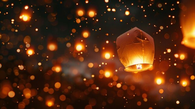 A beautifully captured single illuminated paper lantern floating against a night sky backdrop filled with distant, soft glowing lights; symbolizing hope and freedom.