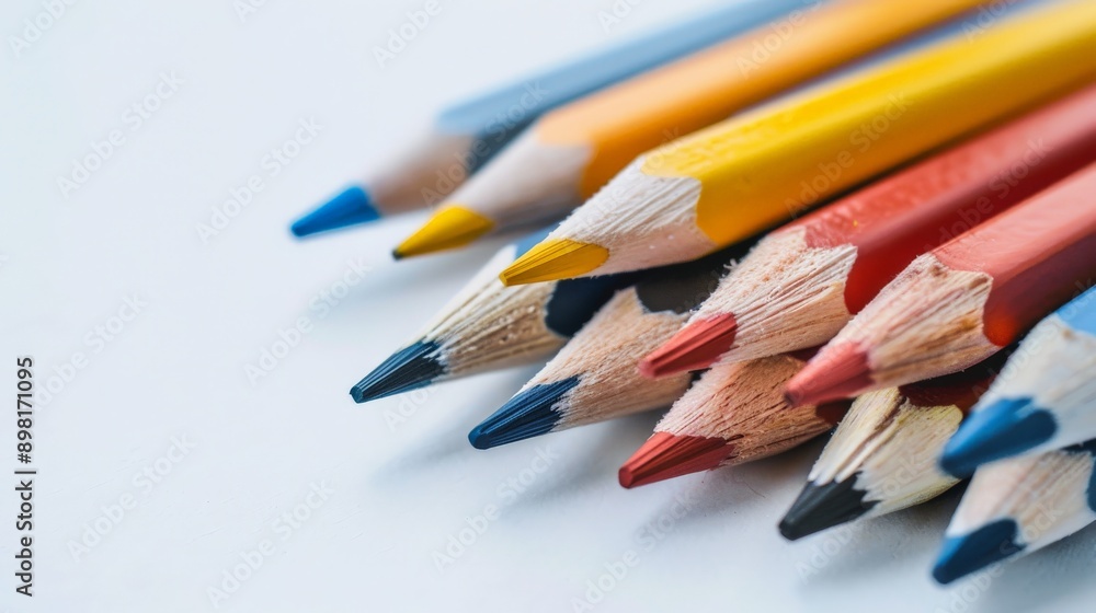 Poster an artistic close-up image of colorful pencils arranged neatly on a white background, highlighting t