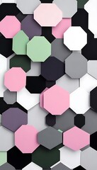 Vibrant Geometric Abstract Composition with Colorful Hexagons on a White Background