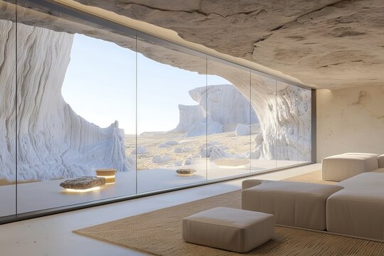 Architectural design of a modern cave dwelling featuring expansive glass windows offering a breathtaking view of sculpted rock formations in a desert landscape.