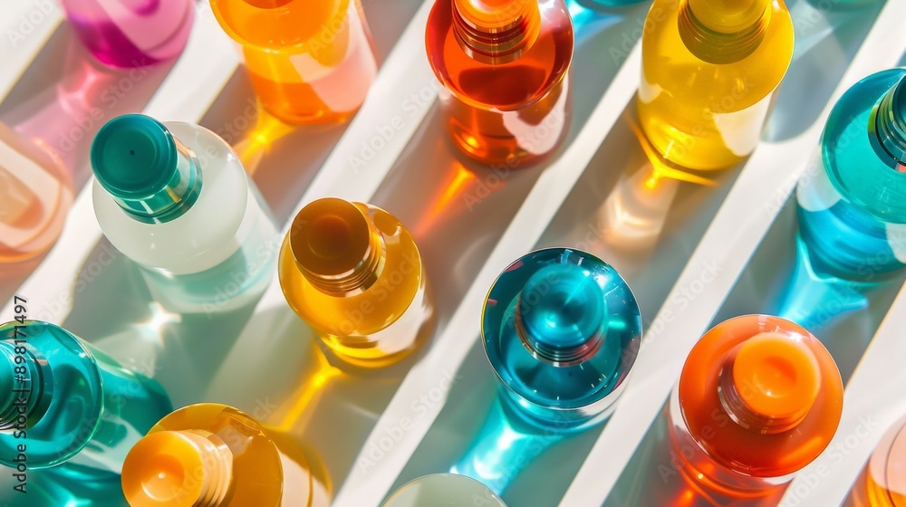 Poster an overhead shot showcasing various brightly colored bottles, precisely arranged in a geometric patt