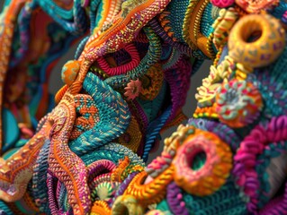 Close-up of a vibrant knitted wreath, ideal for decorating or gift-giving