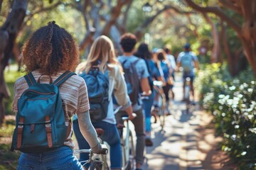 Friends joyfully cycling through the forest, enjoying a bike ride together in nature