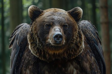 Obraz premium A striking image of a bear with bird's wings standing amidst a green forest backdrop, representing a fantastical cross-species hybrid in a natural, woodland setting.