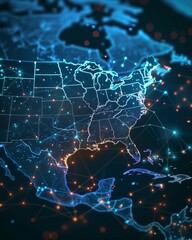 Futuristic technology USA map with glowing lights, global communication and connection concept.