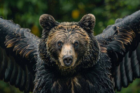 A striking image depicting a bear with large, elegant wings, blending elements of wildlife and fantasy, set against a lush green forest background.