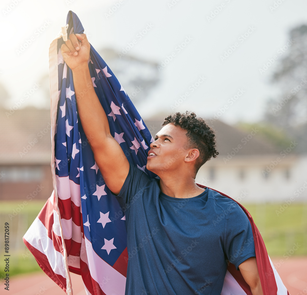 Poster Victory, runner and man with American flag on track for celebration, achievement or winner at sports event. Fitness, pointing and athlete person for competition, champion or success in relay race