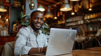 Fototapeta premium A cheerful man is working on his laptop in a cozy, warmly lit cafe filled with greenery and warm decor, suggesting a pleasant and productive environment.
