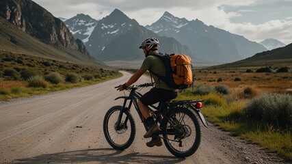 Fototapeta premium Adventurer on the Open Road: Biking through Majestic Mountain Passes