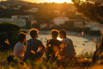 group of sitted adult Boys, in front of Nice park city in background, summer day,international friendship days, friendship