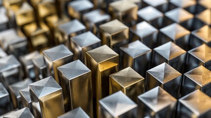 Obraz premium A close up of a bunch of gold and silver cubes. Abstract background