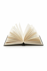 Open book with clean, empty pages on a white background, perfect for design concepts,