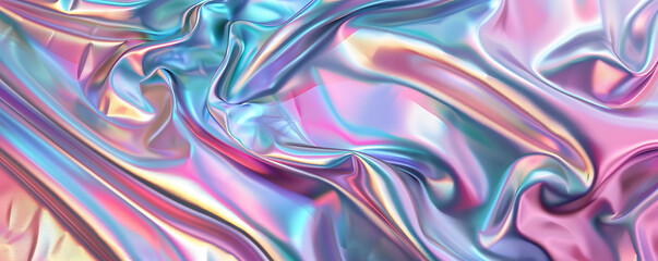 An abstract background featuring holographic chrome gradient waves in vibrant colors