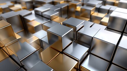 A close up of a bunch of gold and silver cubes. Abstract background