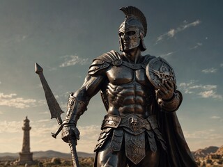 Fototapeta premium Statue of Ares, wearing battle armor, holding a sword, with a battlefield in the background.