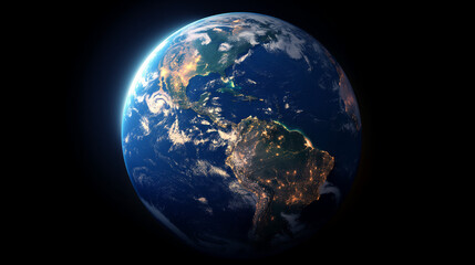 A stunning, detailed representation of Earth from space. It highlights the continents of Africa, Europe, Asia, and parts of Australia. The continents are illuminated with a radiant glow, possibly ind