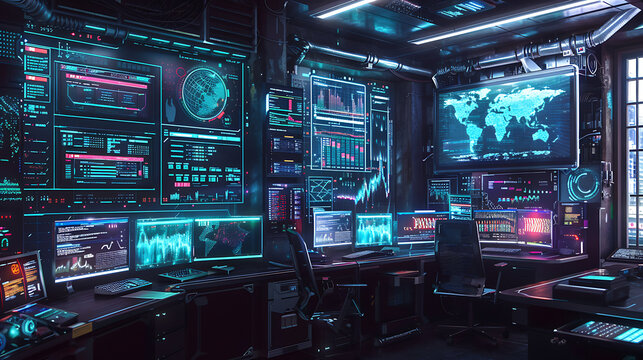 A technologically advanced computer room with neon lighting and a large screen presenting a world map. The room is furnished with multiple monitors, keyboards, chairs, and desks.