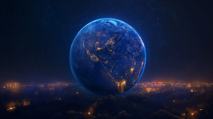 Obraz premium A detailed and vibrant representation of a planet, possibly Earth, with city lights illuminating its surface. The continents are distinctly visible, with the brightest lights concentrated in areas