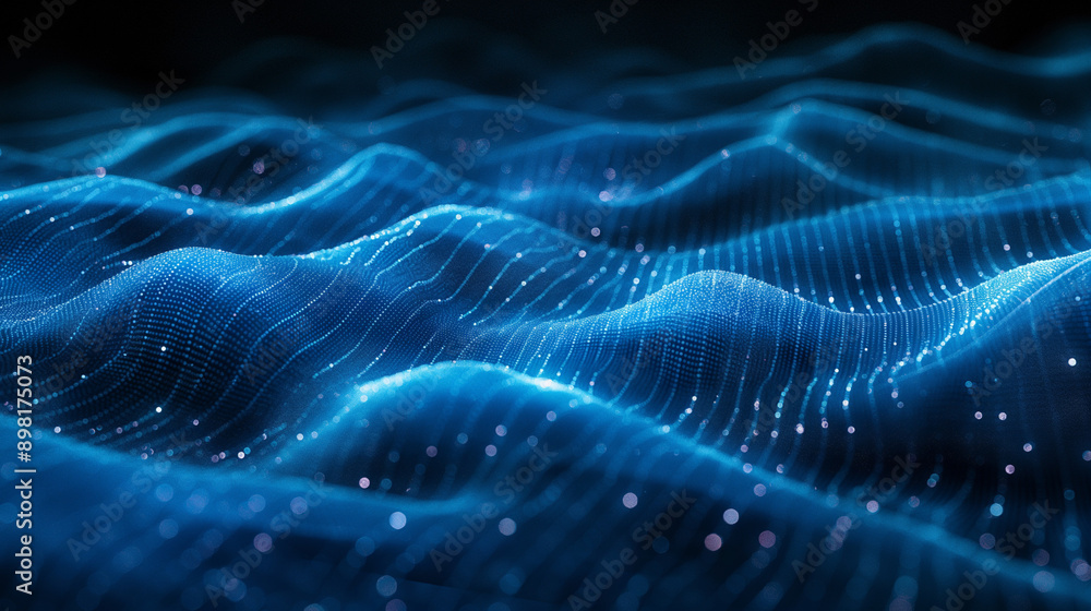 Poster a dynamic, wave-like pattern of interconnected dots, predominantly in shades of blue. these dots for