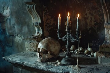 A Human Skull, Burning Candles, and a Dusty Fireplace in an Old, Abandoned Building