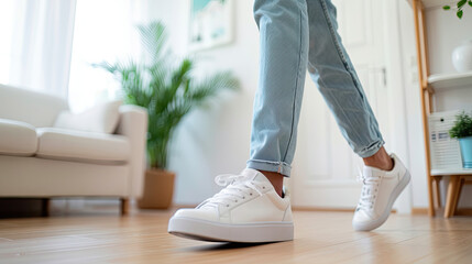 A person walking in stylish white sneakers on wooden floor, creating a fresh and modern indoor atmosphere.