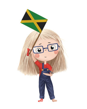 recommend clip art: Funny cute girl with flag of Jamaica. Bright clip art isolated