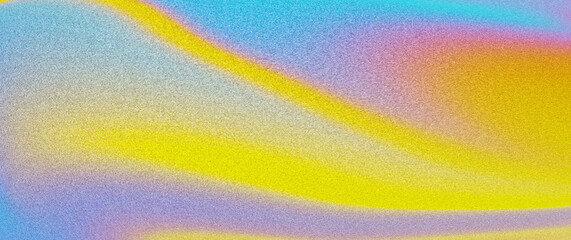 Vibrant orange teal blue purple psychedelic grainy gradient color flow wave on yellow background for cover poster banner design