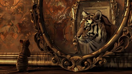 Majestic Tiger Reflected in Ornate Vintage Mirror Frame