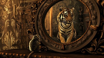 Majestic Tiger Reflection in Ornate Antique Mirror Frame