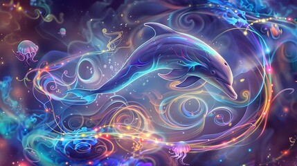 Mystical Dolphin Swirling in Ethereal Underwater Seascape