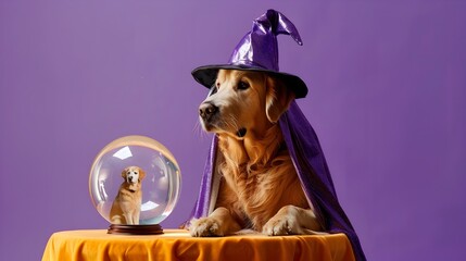 Adorable Dog Dressed as Halloween Witch with Crystal Ball