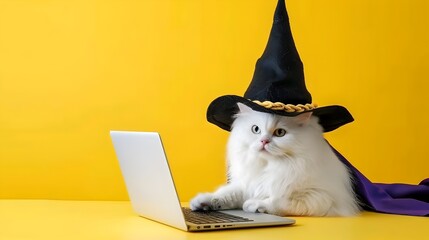 Adorable Feline Witch Working on Laptop During Halloween Season