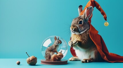 Adorable Rabbit in Holiday Costume on Teal Background