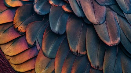 Obraz premium A close up of a bird's feather with a vibrant blue and orange color pattern. Abstract background