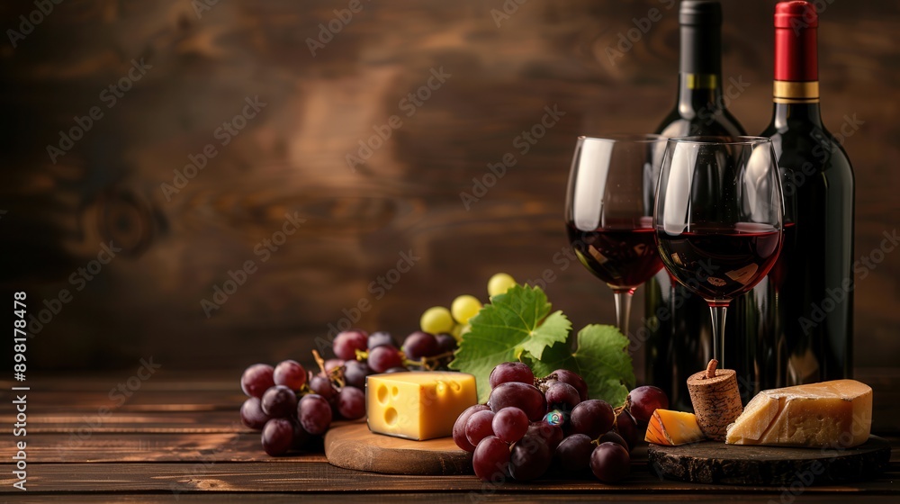 Aufkleber two glasses of red wine and two bottles of wine sit on a wooden table with grapes and cheese. genera